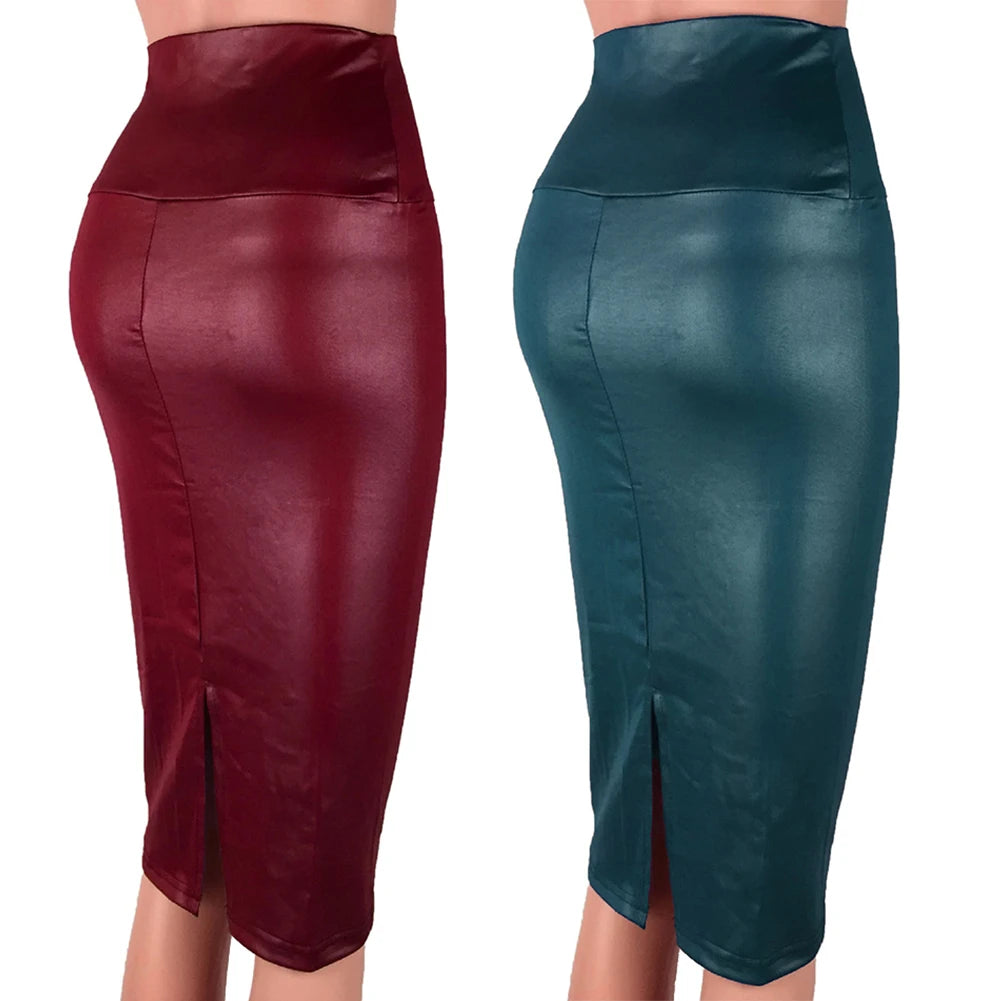 Sexy Kunstleder-Bleistiftrock mit hohem Bund & Rückenschlitz – Eleganter Bodycon Rock für Büro & Abendlook